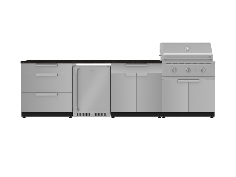 NewAge Outdoor Kitchens Stainless Steel 7-Piece Cabinet Set with 3-Drawer, Bar, Grill Cabinet, Performance Grill, Countertop, and Fridge-71850-Garage Giant