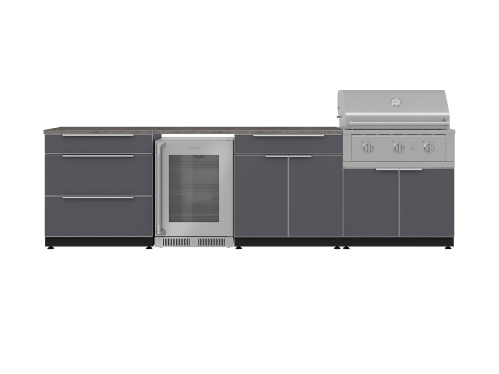 NewAge Outdoor Kitchens Aluminum 7-Piece Cabinet Set with 3-Drawer, Bar, Grill Cabinet, Performance Grill, Countertops and Fridge-71910-Garage Giant