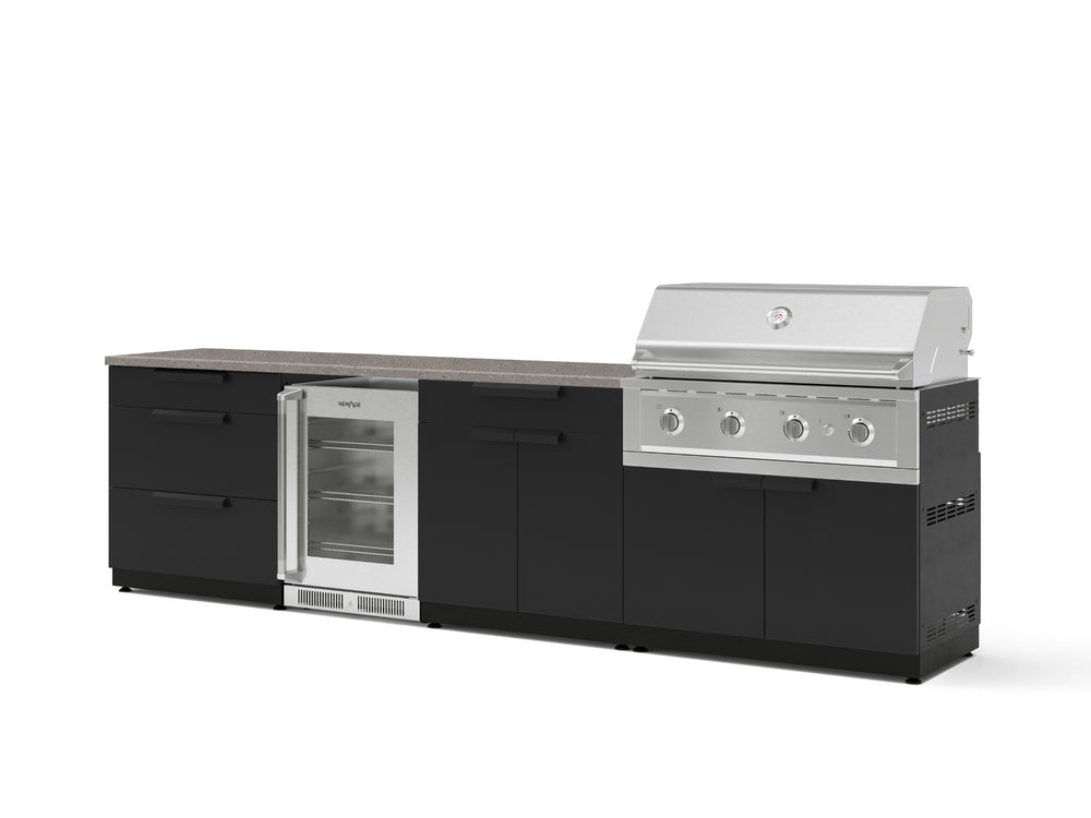NewAge Outdoor Kitchens Stainless Steel 7-Piece Cabinet Set with 3-Drawer, Bar, Grill Cabinet, Performance Grill, Countertops, and Glass Door Fridge-73676-Garage Giant
