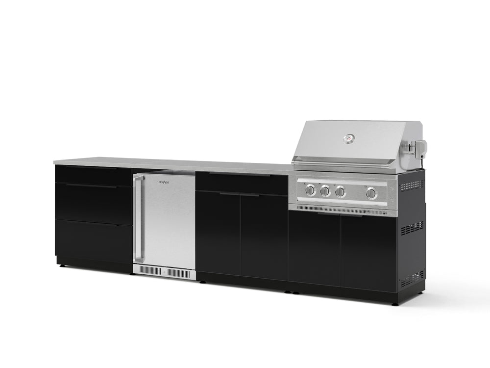 NewAge Outdoor Kitchens Aluminum 7-Piece Cabinet Set with 3-Drawer, Bar, Grill Cabinet, Platinum Grill, Countertops and Stainless Steel Door Fridge-71392-Garage Giant