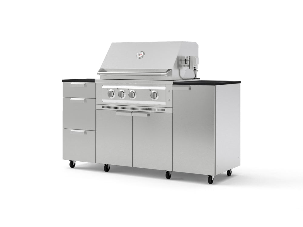 NewAge Outdoor Kitchens Outdoor Grill Island Stainless-Steel 6-Piece Cabinet Set with Casters 1 Door, 3 Drawer, Grill Cabinet, Platinum Grill and Dekton in Sirius Countertops - (Liquid Propane) | Garage Giant