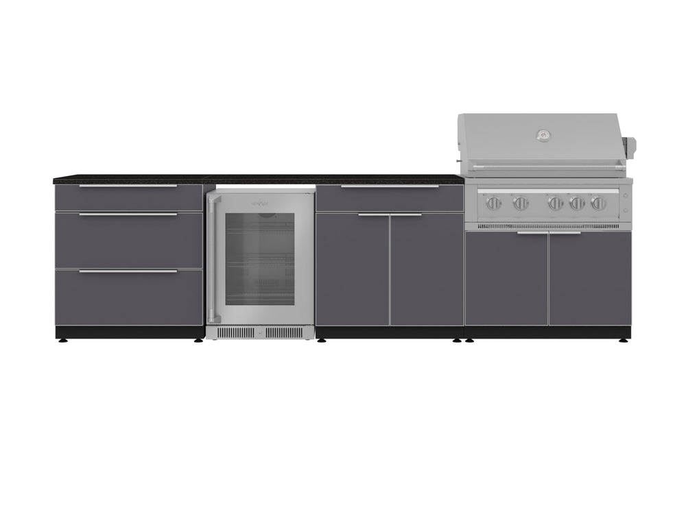 NewAge Outdoor Kitchens Aluminum 7-Piece Cabinet Set with 3-Drawer, Bar, Grill Cabinet, Platinum Grill, Countertops and Fridge-71848-Garage Giant