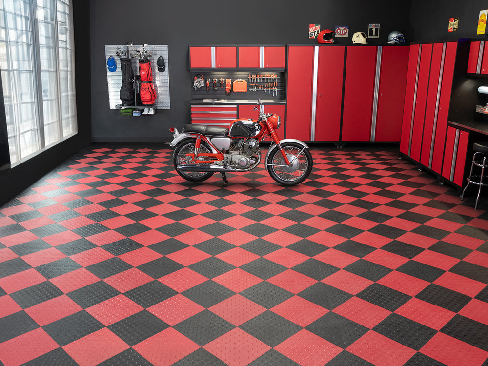 NewAge Garage Flooring Diamond Pattern Polypropylene Garage Flooring Tiles 600 sq. ft. Flooring Bundle - Black and Red Checkered Pattern | 12575