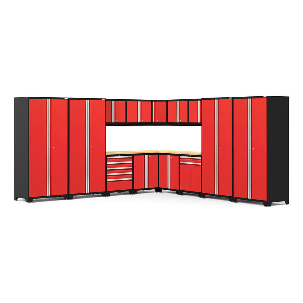 Newage Products Pro 3.0 Series 16-Piece Garage Cabinet Corner Set-51117-Red-Bamboo Worktop-LED Lights-Garage Giant