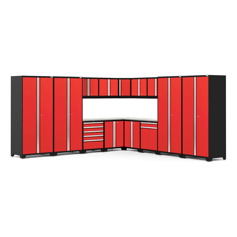 Newage Products Pro 3.0 Series 16-Piece Garage Cabinet Corner Set-51118-Red-Stainless Steel Worktop-LED Lights-Garage Giant