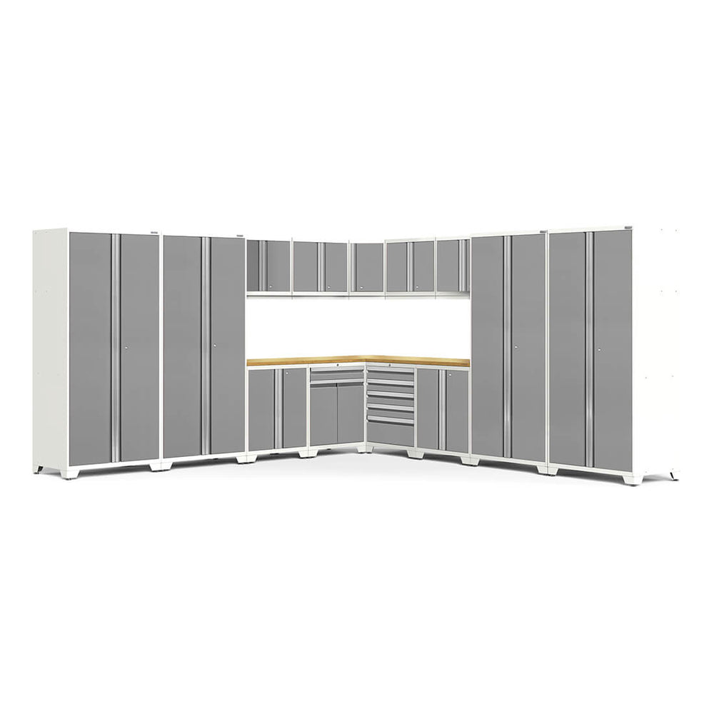 Newage Products Pro 3.0 Series 16-Piece Garage Cabinet Corner Set-51322-Platinum-Bamboo Worktop-LED Lights-Garage Giant