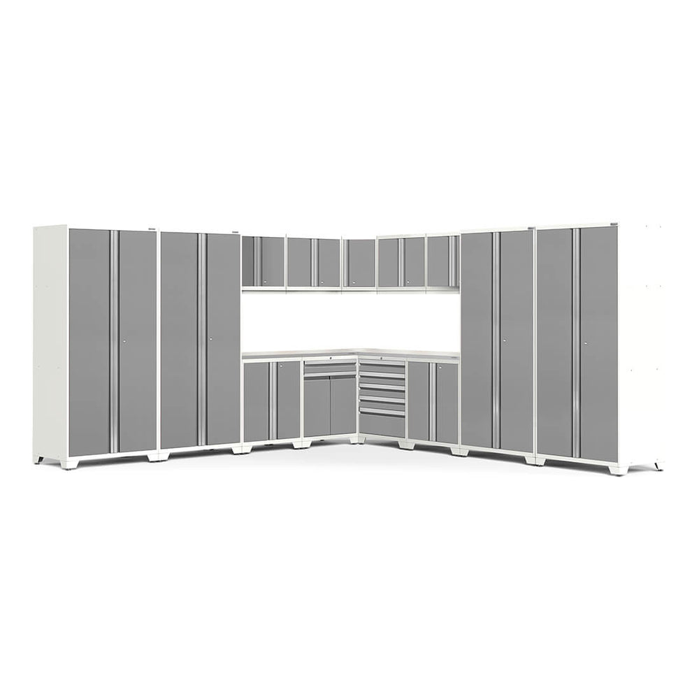Newage Products Pro 3.0 Series 16-Piece Garage Cabinet Corner Set-51323-Platinum-Stainless Steel Worktop-LED Lights-Garage Giant