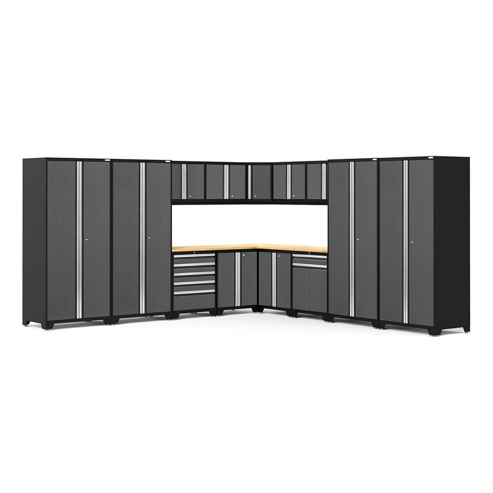 Newage Products Pro 3.0 Series 16-Piece Garage Cabinet Corner Set-51933-Grey-Bamboo Worktop-LED Lights-Garage Giant