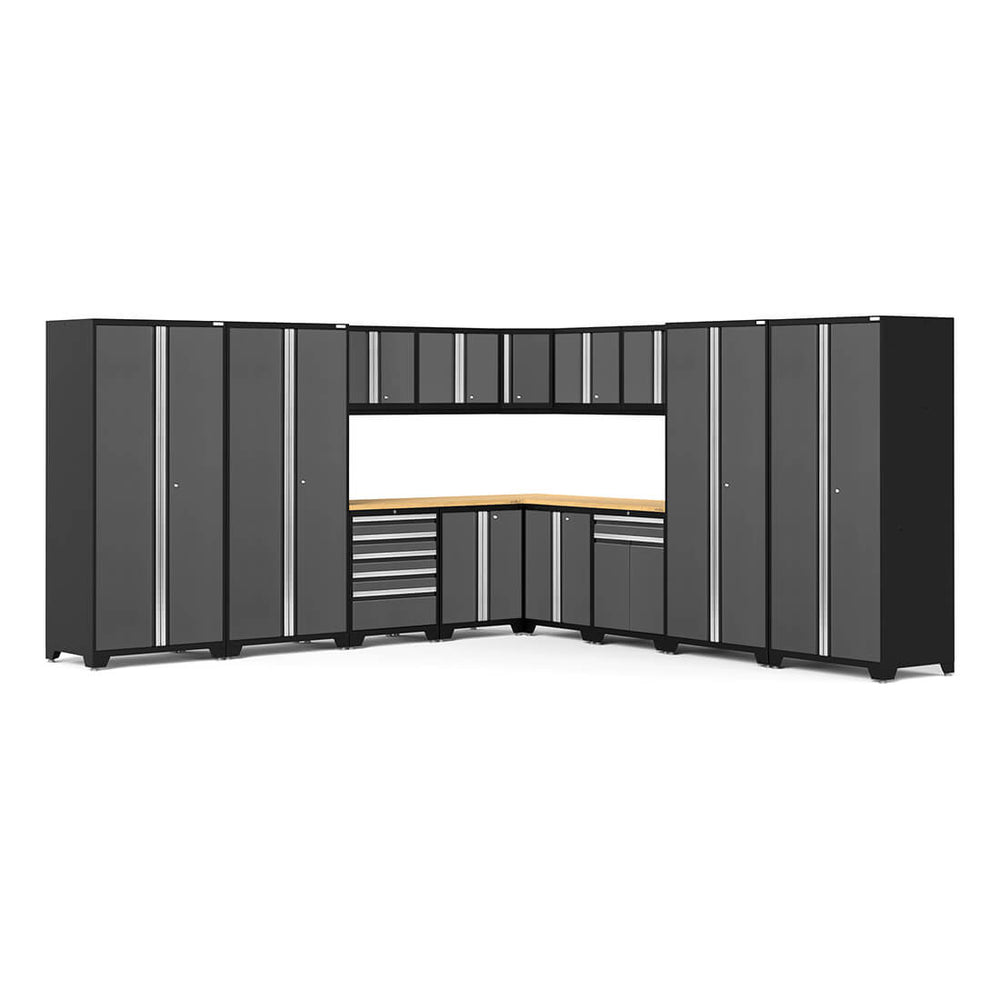 Newage Products Pro 3.0 Series 16-Piece Garage Cabinet Corner Set-52159-Grey-Bamboo Worktop-None-Garage Giant