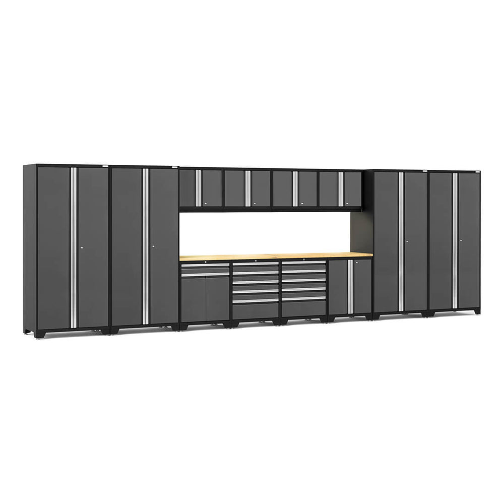 Newage Products Pro 3.0 Series 14-Piece Garage Cabinet Set With Multi-Function Cabinet-52193-Grey-Bamboo Worktop-LED Lights-Garage Giant