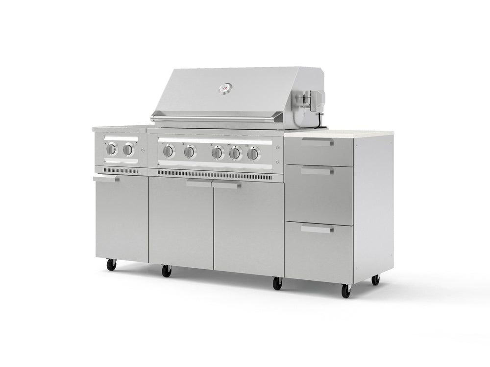 NewAge Outdoor Kitchens Outdoor Grill Island Stainless-Steel 6-Piece Cabinet Set with Casters and 3-Drawer, Grill Cabinet, Platinum Grill, Dual Side Burner and Dekton in Aeris Countertop - (Liquid Propane) | Garage Giant