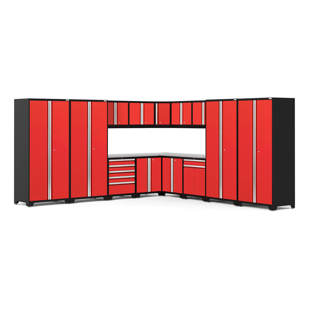 Newage Products Pro 3.0 Series 16-Piece Garage Cabinet Corner Set-52360-Red-Stainless Steel Worktop-None-Garage Giant