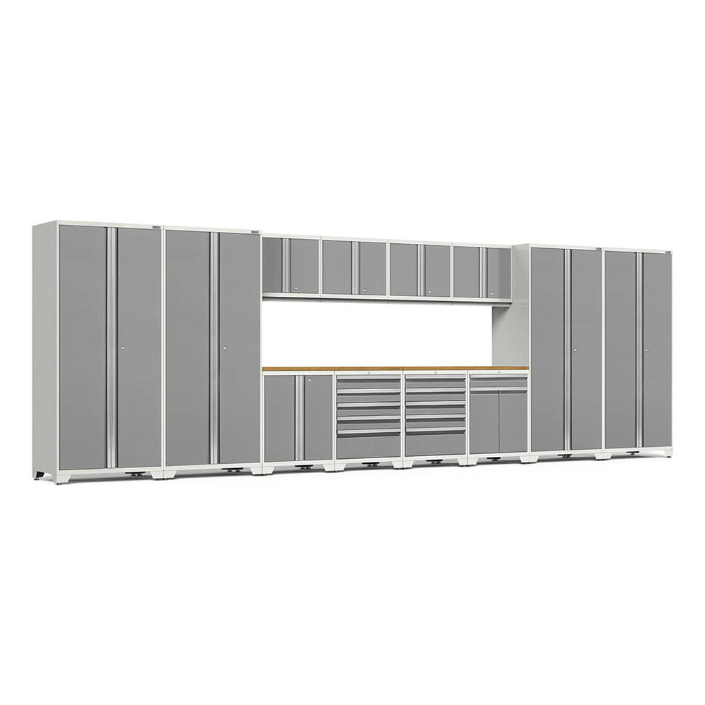 Newage Products Pro 3.0 Series 14-Piece Garage Cabinet Set With Multi-Function Cabinet-52451-Platinum-Bamboo Worktop-None-Garage Giant