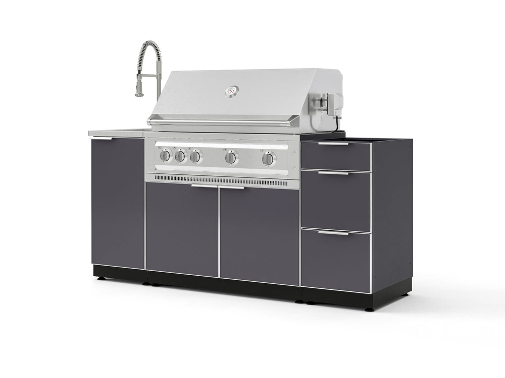 NewAge Outdoor Kitchens Outdoor Grill Island Aluminum 5-Piece Cabinet Set with Sink, 3 Drawer, Grill Cabinet, Platinum Grill and Stainless Steel Countertop - (Liquid Propane) | Garage Giant