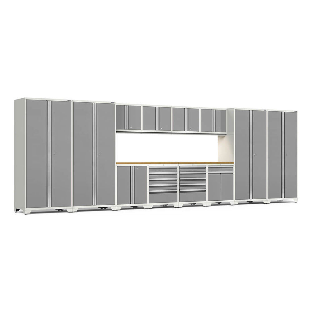 Newage Products Pro 3.0 Series 14-Piece Garage Cabinet Set With Multi-Function Cabinet-52587-Platinum-Bamboo Worktop-LED Lights-Garage Giant