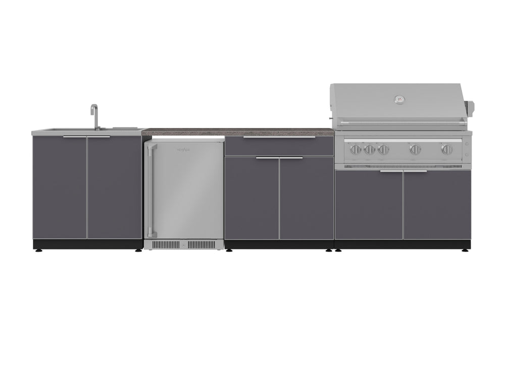 NewAge Outdoor Kitchens Aluminum 6-Piece Cabinet Set with Sink, Bar, Grill Cabinet, Platinum Grill, Countertop and Fridge-72053-Garage Giant