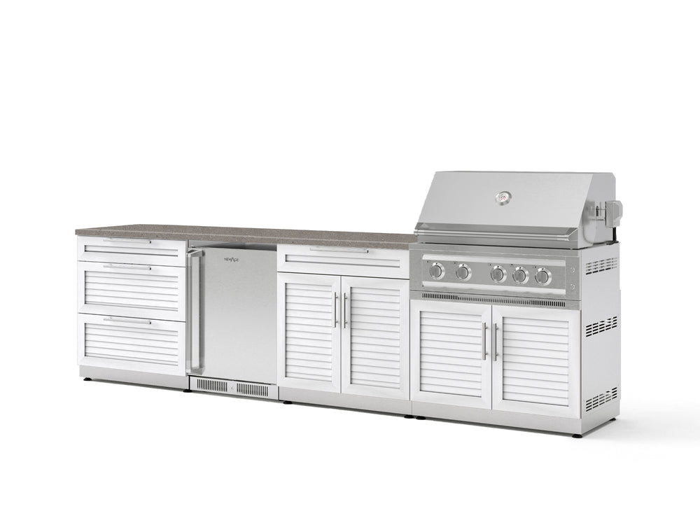 NewAge Outdoor Kitchens Stainless Steel 7-Piece Cabinet Set with 3-Drawer, Bar, Grill Cabinet, Platinum Grill, Countertop, and Stainless Steel Door Fridge-73693-Garage Giant