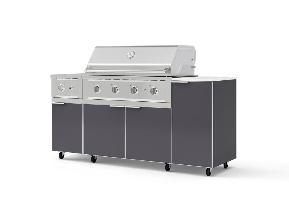 NewAge Outdoor Kitchens Outdoor Grill Island Aluminum 6-Piece Cabinet Set with Casters and 1-Door, Grill Cabinet, Performance Grill, Side Burner and Dekton in Aeris Countertop - (Liquid Propane) | Garage Giant