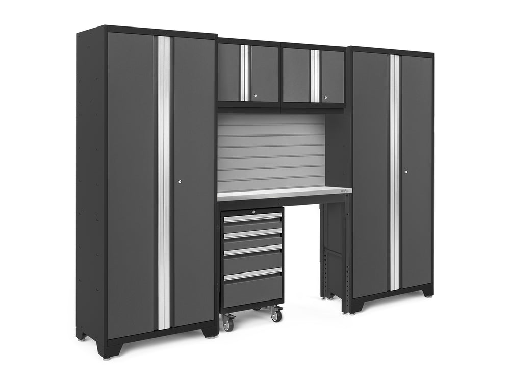 NewAge Garage Cabinets Bold Series 6-Piece Cabinet Set with Locker, RTA Locker, Tool, Wall Cabinets, Slatwall Backsplash, Workbench and Worktop-63025-Garage Giant