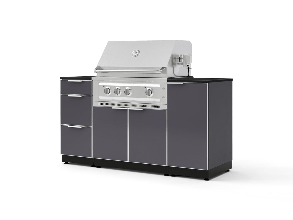 NewAge Outdoor Kitchens Outdoor Grill Island Aluminum 6-Piece Cabinet Set with 1 Door, 3 Drawer, Grill Cabinet, Platinum Grill and Dekton in Sirius Countertops - (Natural Gas) | Garage Giant
