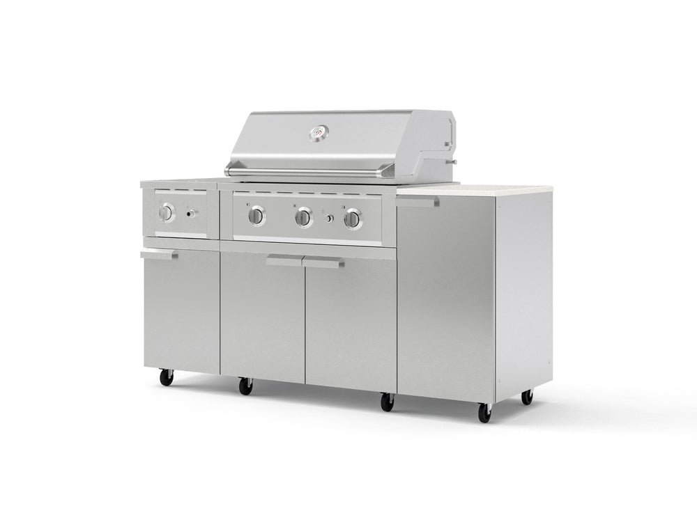 NewAge Outdoor Kitchens Outdoor Grill Island Stainless-Steel 6-Piece Cabinet Set with Casters and 1-Door, Grill Cabinet, Performance Grill, Side Burner and Dekton in Aeris Countertop - (Liquid Propane) | Garage Giant