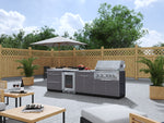 NewAge Outdoor Kitchens Aluminum 7-Piece Cabinet Set with 3-Drawer, Bar, Grill Cabinet, Platinum Grill, Countertops and Fridge-66562-Garage Giant 