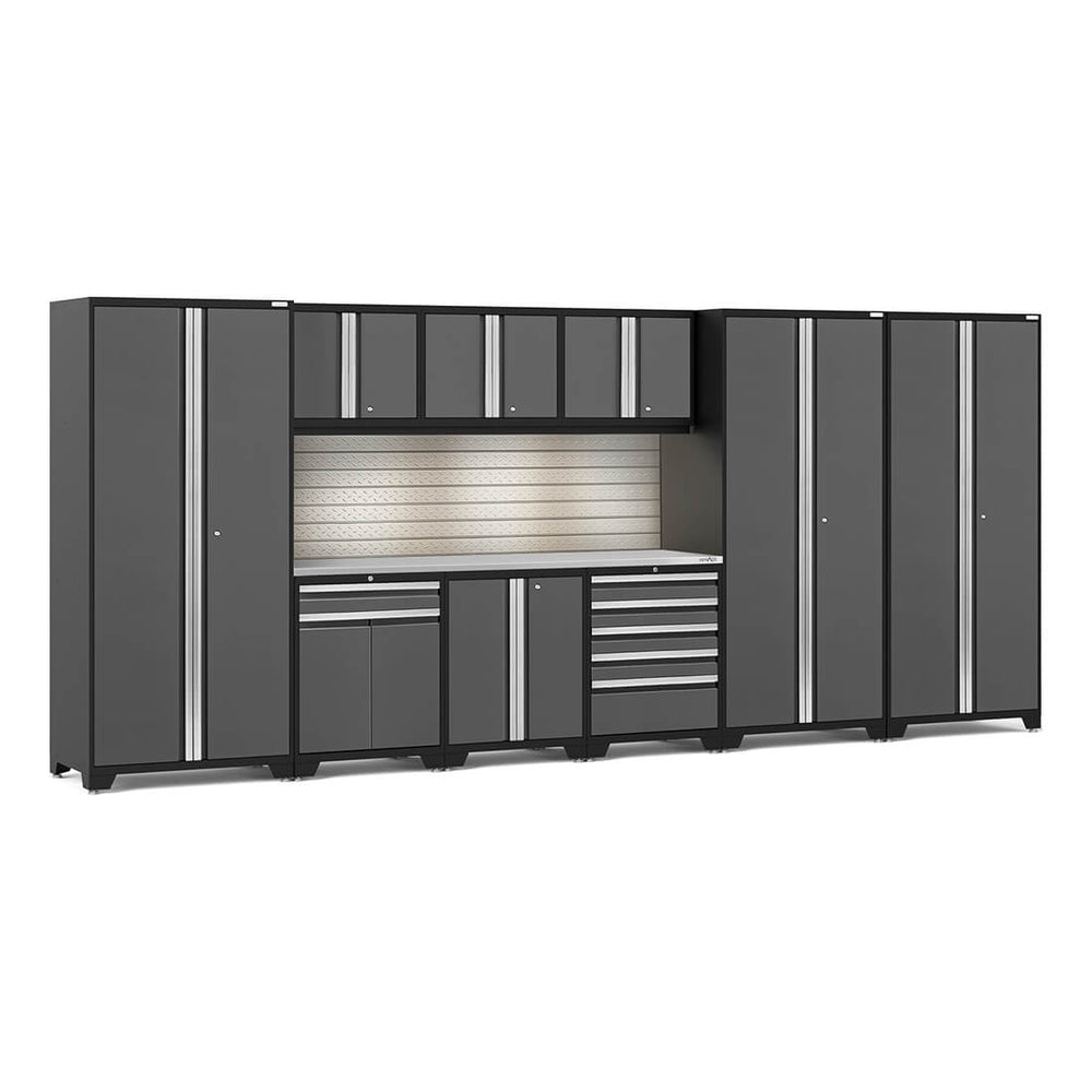 Newage Products Pro 3.0 Series 10-Piece Garage Cabinet Set With 3X Multi-Use Lockers-58482-Grey-Stainless Steel Worktop-LED Lights + Slatwall Backsplash-Garage Giant
