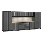 Newage Products Pro 3.0 Series 12-Piece Garage Cabinet Set-58510-Grey-Bamboo Worktop-LED Lights + Slatwall Backsplash-Garage Giant 