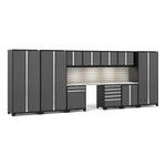Newage Products Pro 3.0 Series 12-Piece Garage Cabinet Set With 3X Multi-Use Lockers-58524-Grey-Stainless Steel Worktop-LED Lights + Slatwall Backsplash-Garage Giant 