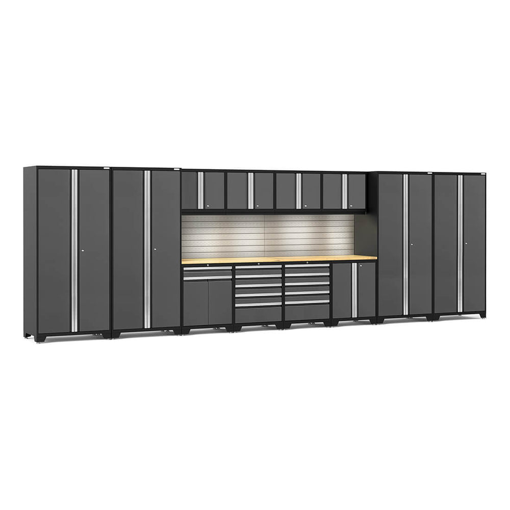 Newage Products Pro 3.0 Series 14-Piece Garage Cabinet Set With Multi-Function Cabinet-58558-Grey-Bamboo Worktop-LED Lights + Slatwall Backsplash-Garage Giant