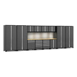 Newage Products Pro 3.0 Series 14-Piece Garage Cabinet Set With Multi-Function Cabinet-58558-Grey-Bamboo Worktop-LED Lights + Slatwall Backsplash-Garage Giant 