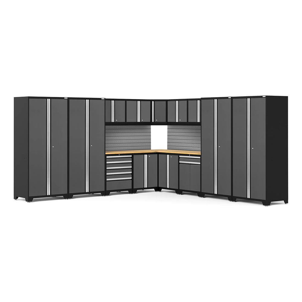 Newage Products Pro 3.0 Series 16-Piece Garage Cabinet Corner Set-58593-Grey-Bamboo Worktop-Slatwall Backsplash-Garage Giant