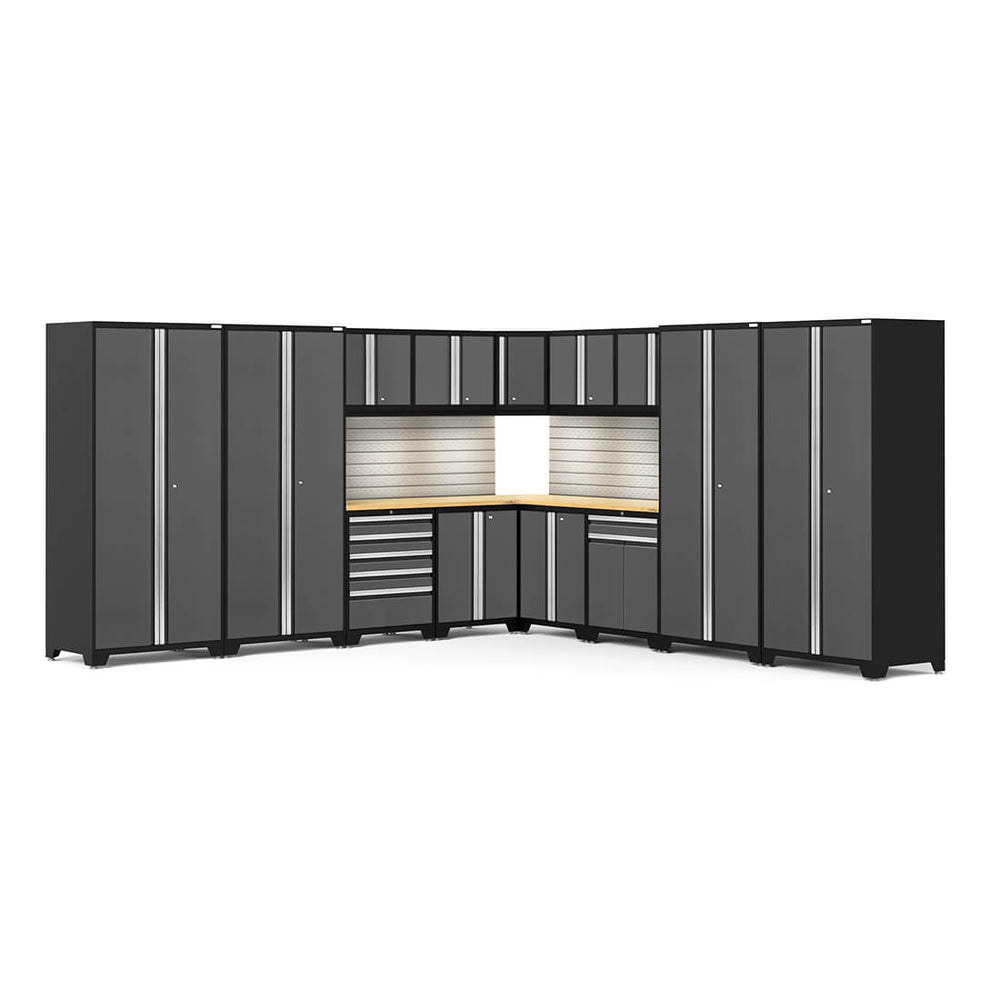 Newage Products Pro 3.0 Series 16-Piece Garage Cabinet Corner Set-58594-Grey-Bamboo Worktop-LED Lights + Slatwall Backsplash-Garage Giant