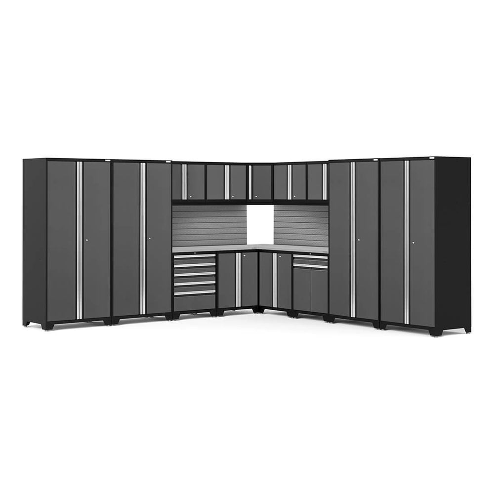 Newage Products Pro 3.0 Series 16-Piece Garage Cabinet Corner Set-58595-Grey-Stainless Steel Worktop-Slatwall Backsplash-Garage Giant