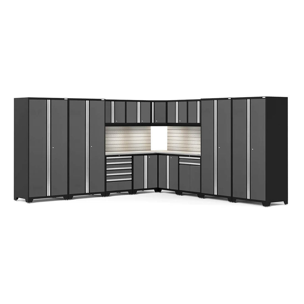 Newage Products Pro 3.0 Series 16-Piece Garage Cabinet Corner Set-58596-Grey-Stainless Steel Worktop-LED Lights + Slatwall Backsplash-Garage Giant