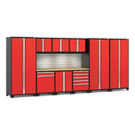 Newage Products Pro 3.0 Series 10-Piece Garage Cabinet Set With 3X Multi-Use Lockers-58730-Red-Bamboo Worktop-LED Lights + Slatwall Backsplash-Garage Giant 