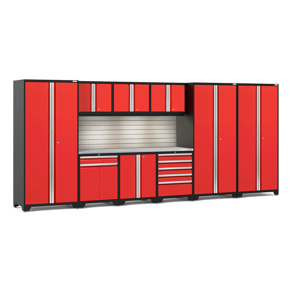 Newage Products Pro 3.0 Series 10-Piece Garage Cabinet Set With 3X Multi-Use Lockers-58732-Red-Stainless Steel Worktop-LED Lights + Slatwall Backsplash-Garage Giant
