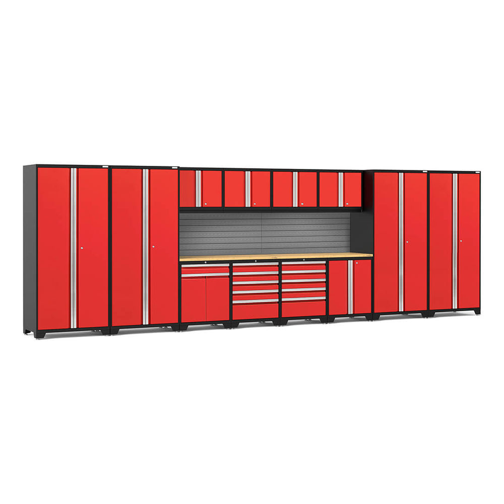Newage Products Pro 3.0 Series 14-Piece Garage Cabinet Set With Multi-Function Cabinet-58741-Red-Bamboo Worktop-Slatwall Backsplash-Garage Giant