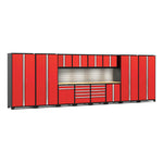 Newage Products Pro 3.0 Series 14-Piece Garage Cabinet Set With Multi-Function Cabinet-58742-Red-Bamboo Worktop-LED Lights + Slatwall Backsplash-Garage Giant 