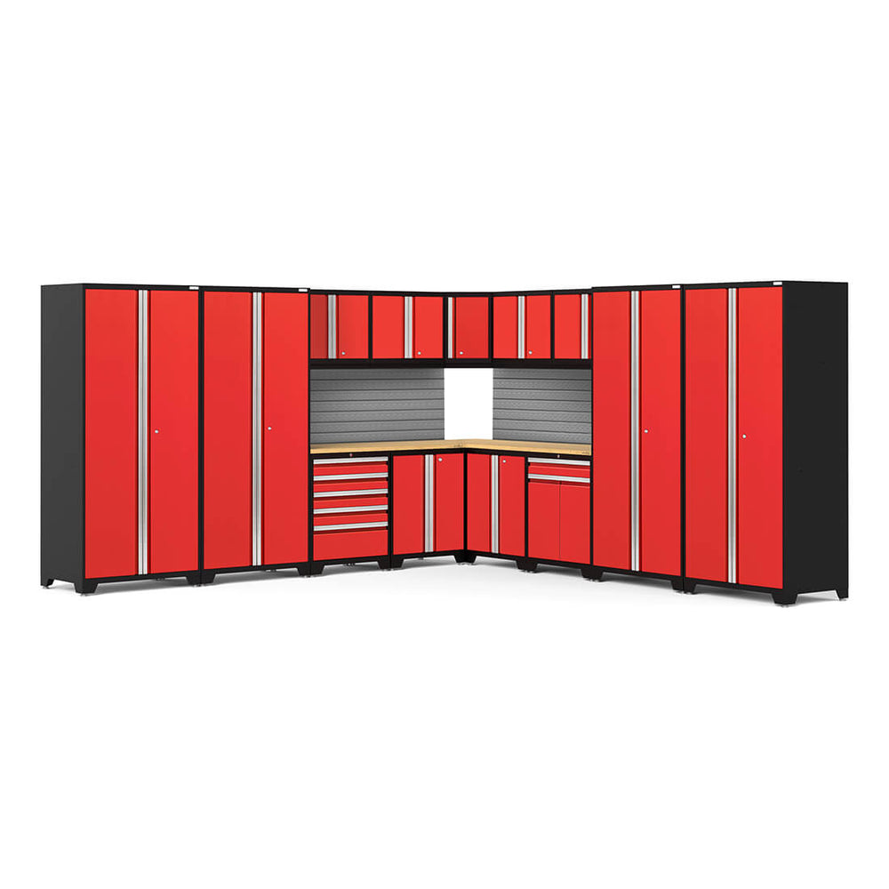 Newage Products Pro 3.0 Series 16-Piece Garage Cabinet Corner Set-58759-Red-Bamboo Worktop-Slatwall Backsplash-Garage Giant