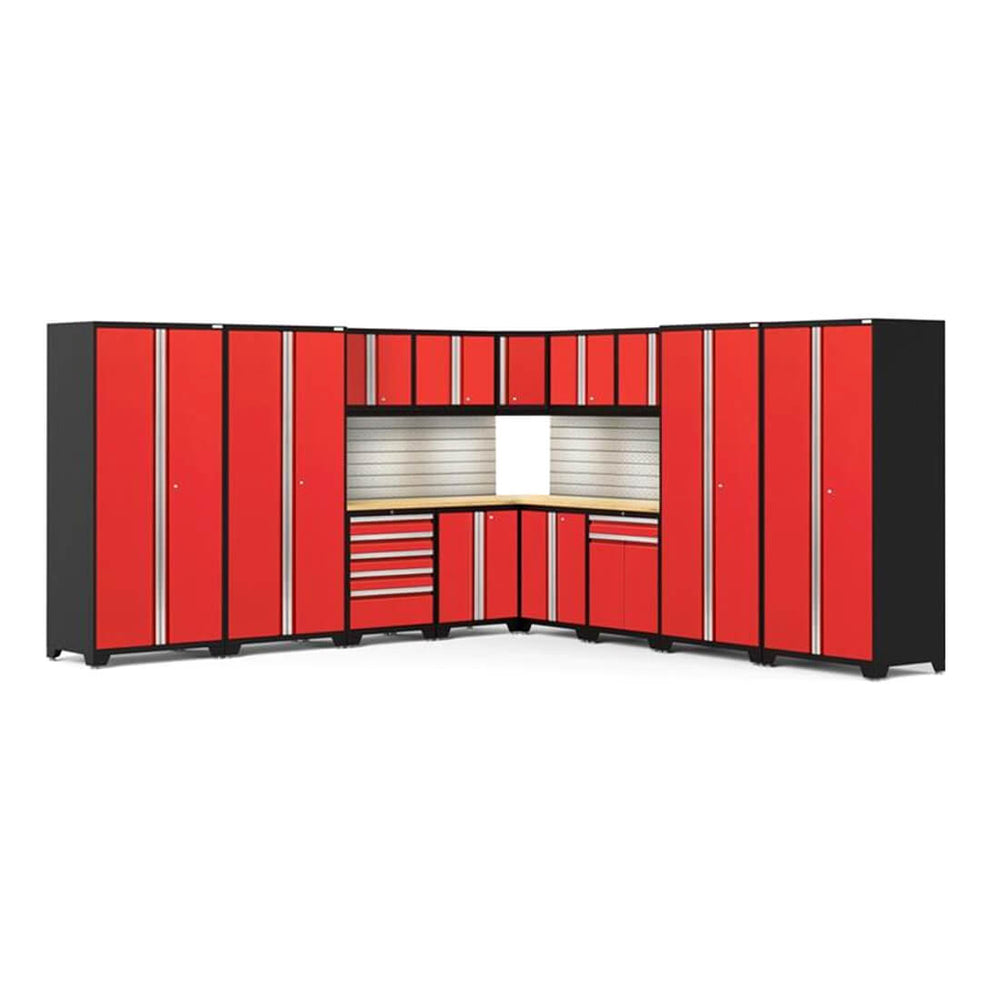 Newage Products Pro 3.0 Series 16-Piece Garage Cabinet Corner Set-58760-Red-Bamboo Worktop-LED Lights + Slatwall Backsplash-Garage Giant