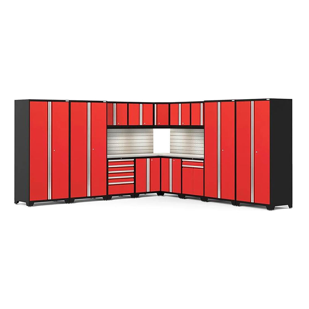 Newage Products Pro 3.0 Series 16-Piece Garage Cabinet Corner Set-58762-Red-Stainless Steel Worktop-LED Lights + Slatwall Backsplash-Garage Giant