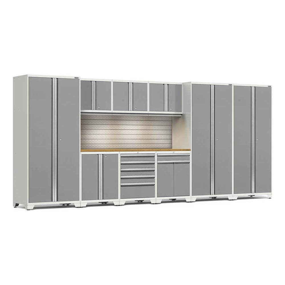 Newage Products Pro 3.0 Series 10-Piece Garage Cabinet Set With 3X Multi-Use Lockers-58906-Platinum-Bamboo Worktop-LED Lights + Slatwall Backsplash-Garage Giant