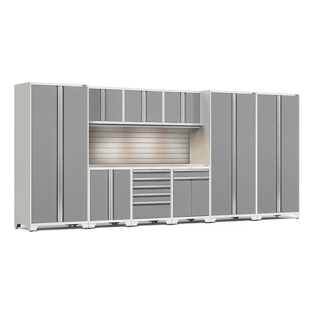 Newage Products Pro 3.0 Series 10-Piece Garage Cabinet Set With 3X Multi-Use Lockers-58908-Platinum-Stainless Steel Worktop-LED Lights + Slatwall Backsplash-Garage Giant