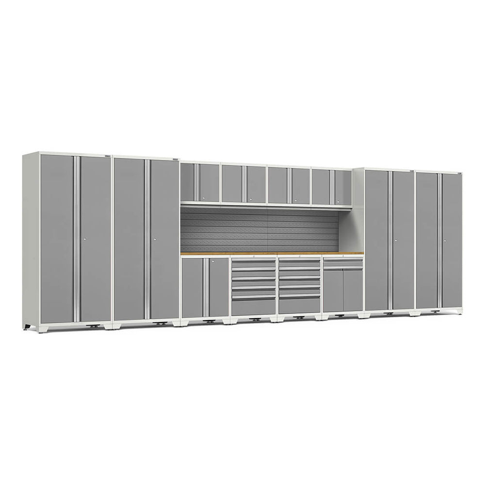 Newage Products Pro 3.0 Series 14-Piece Garage Cabinet Set With Multi-Function Cabinet-58917-Platinum-Bamboo Worktop-Slatwall Backsplash-Garage Giant