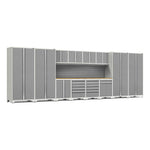 Newage Products Pro 3.0 Series 14-Piece Garage Cabinet Set With Multi-Function Cabinet-58917-Platinum-Bamboo Worktop-Slatwall Backsplash-Garage Giant 
