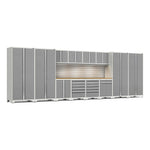 Newage Products Pro 3.0 Series 14-Piece Garage Cabinet Set With Multi-Function Cabinet-58918-Platinum-Bamboo Worktop-LED Lights + Slatwall Backsplash-Garage Giant 