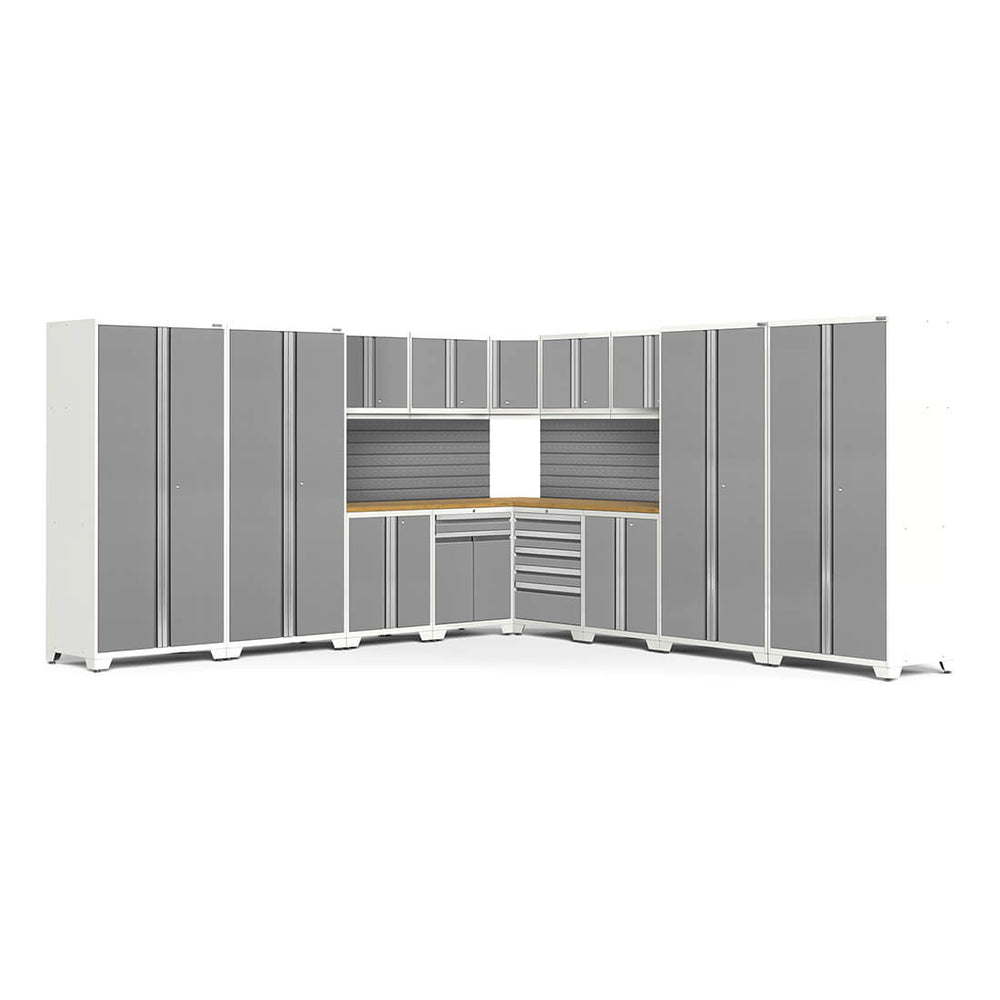 Newage Products Pro 3.0 Series 16-Piece Garage Cabinet Corner Set-58935-Platinum-Bamboo Worktop-Slatwall Backsplash-Garage Giant