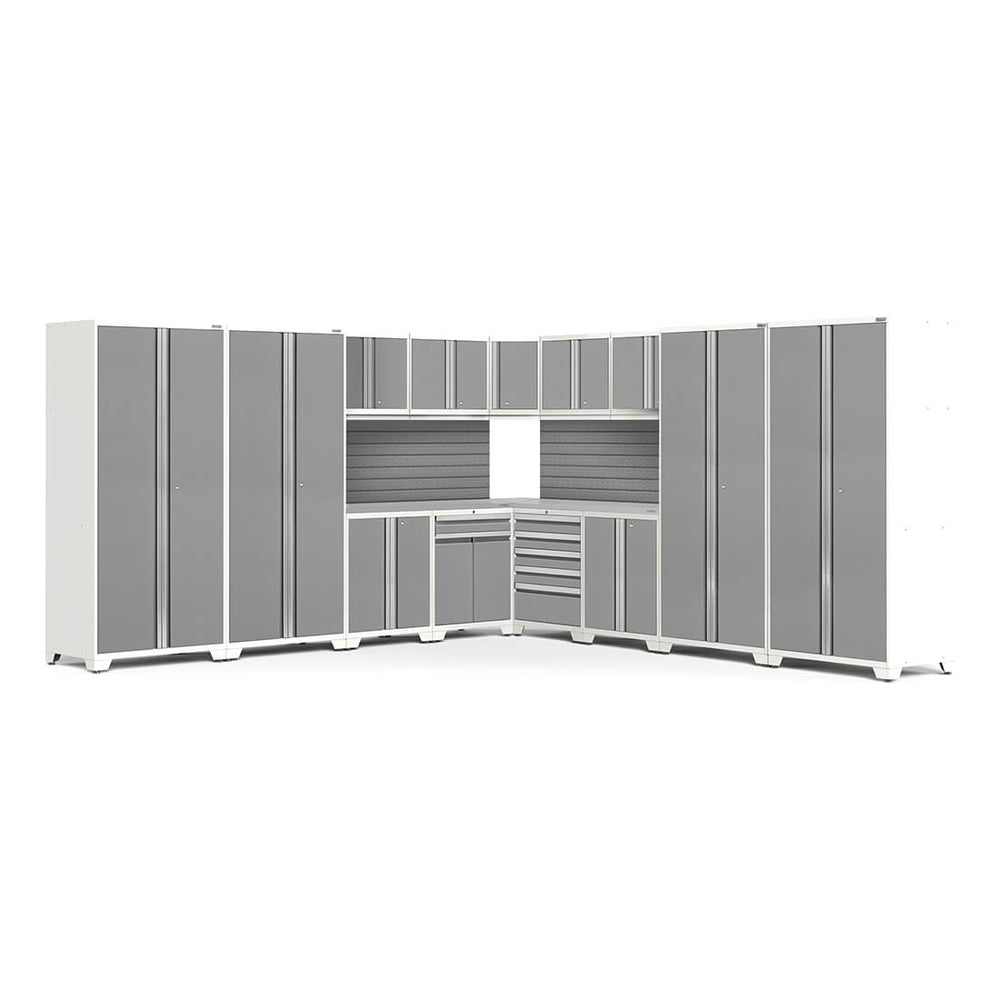 Newage Products Pro 3.0 Series 16-Piece Garage Cabinet Corner Set-58937-Platinum-Stainless Steel Worktop-Slatwall Backsplash-Garage Giant