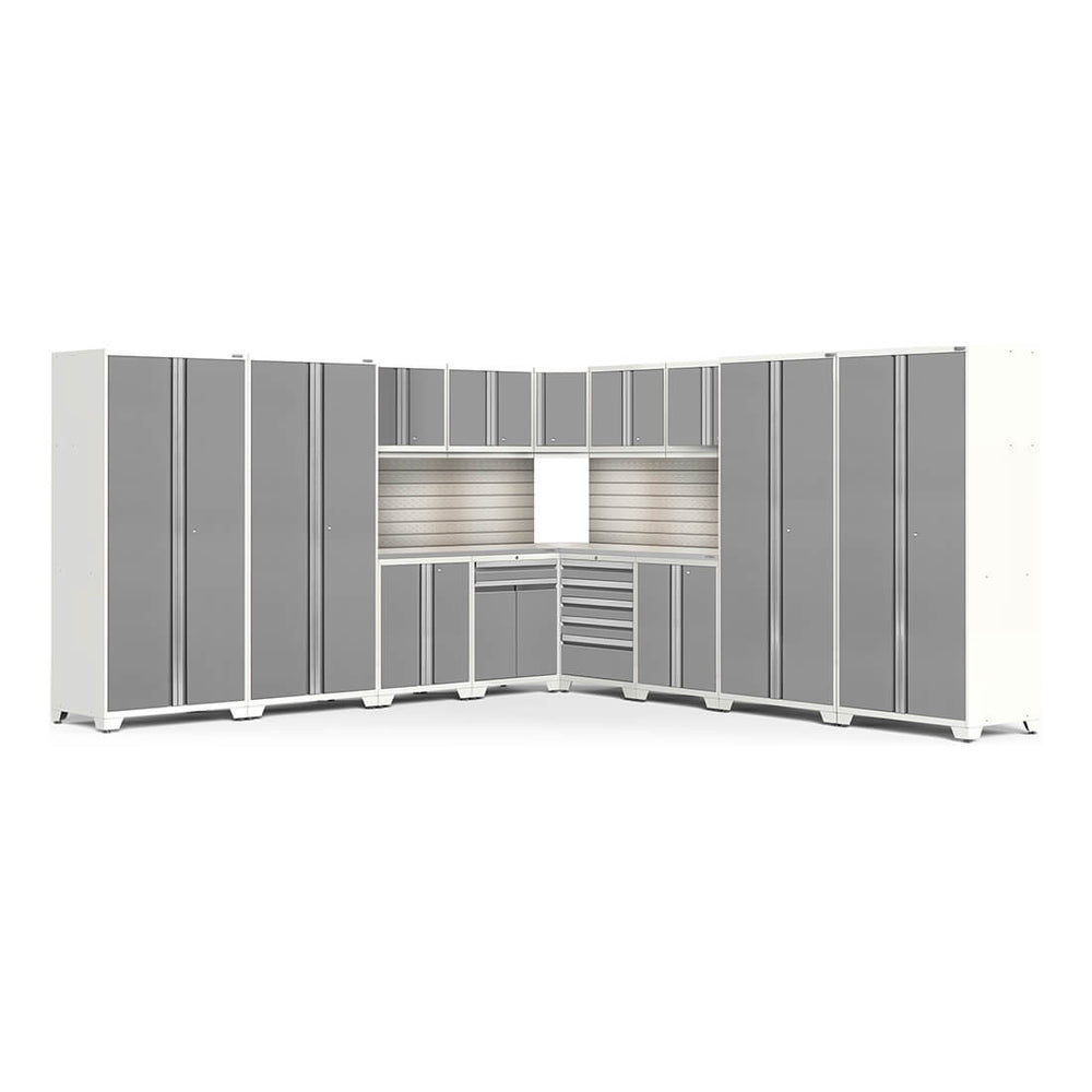 Newage Products Pro 3.0 Series 16-Piece Garage Cabinet Corner Set-58938-Platinum-Stainless Steel Worktop-LED Lights + Slatwall Backsplash-Garage Giant